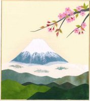 ちぎり絵色紙　富士山（桜）